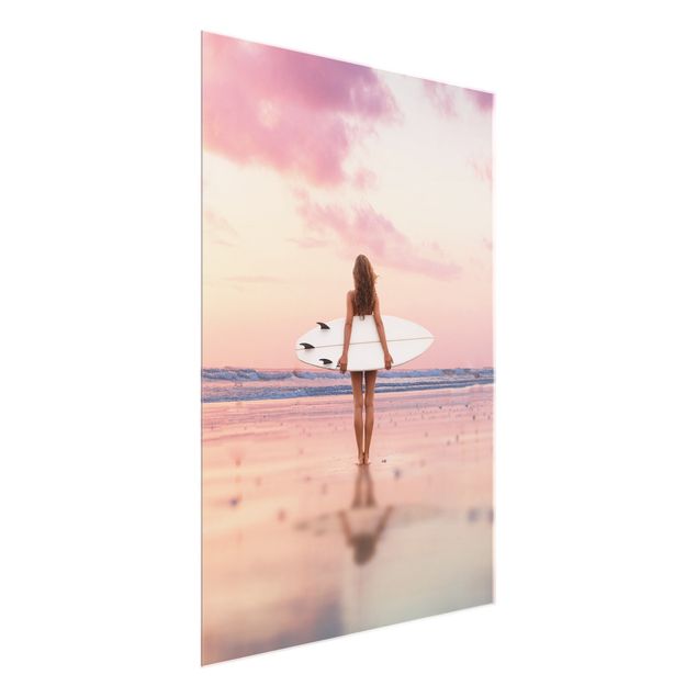 Tableaux modernes Surfeuse avec une planche au coucher du soleil