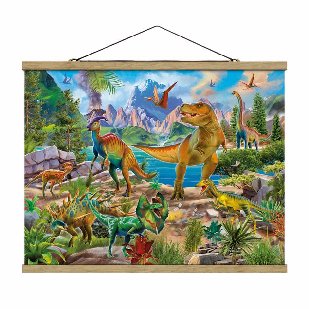 Tableau multicolore T-Rex et Parasaurolophus