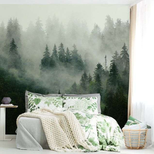 Papier peint forêt Forêt de sapins vert foncé dans le brouillard