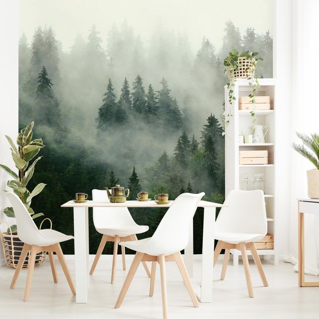 Papier peint paysage Forêt de sapins vert foncé dans le brouillard