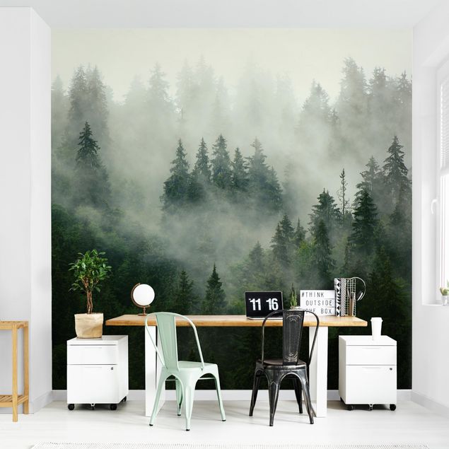 Papier peint moderne Forêt de sapins vert foncé dans le brouillard