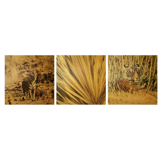 Tableaux modernes Tigre et feuilles de palmier dorées