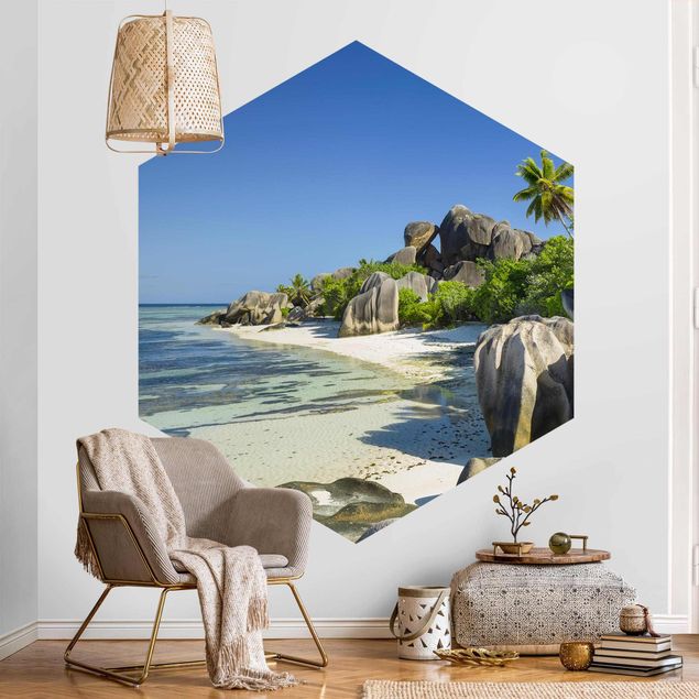 Papier peint panoramique coucher de soleil Dream Beach Seychelles