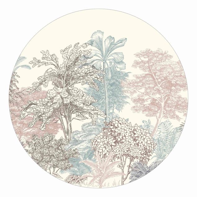 Papier peint rond autocollant - Tropical Forest With Palm Trees In Pastel