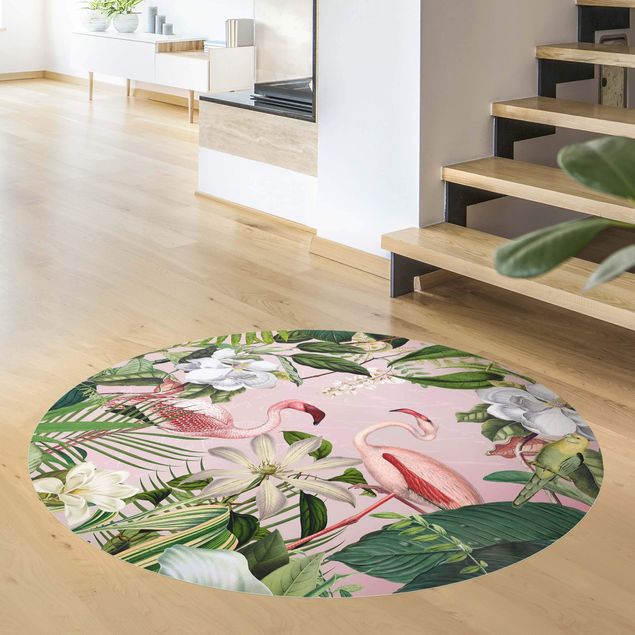 tapis modernes Flamants tropicaux avec plantes en rose