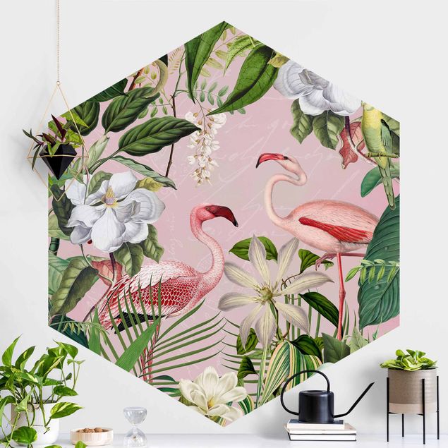 Déco mur cuisine Flamants tropicaux avec plantes en rose