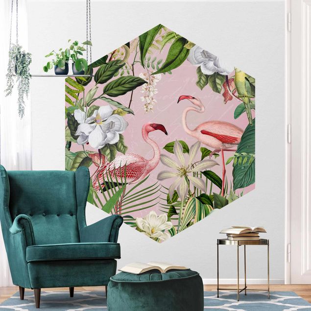 Papiers peints flamant Flamants tropicaux avec plantes en rose