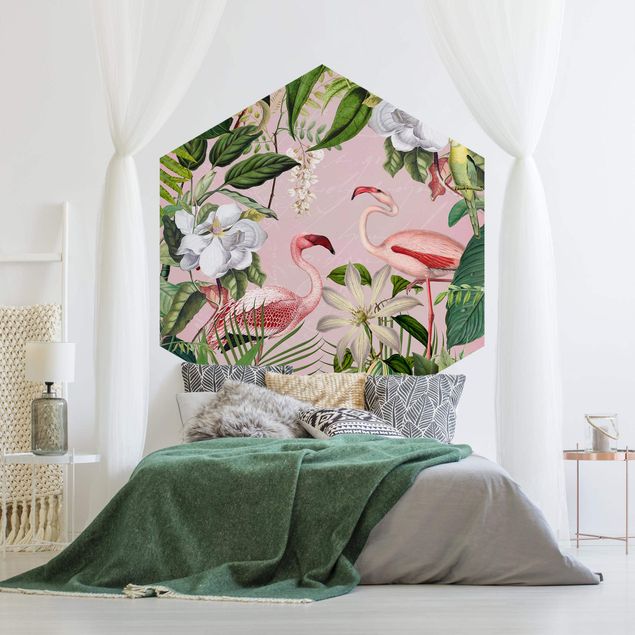 Tapisserie moderne Flamants tropicaux avec plantes en rose