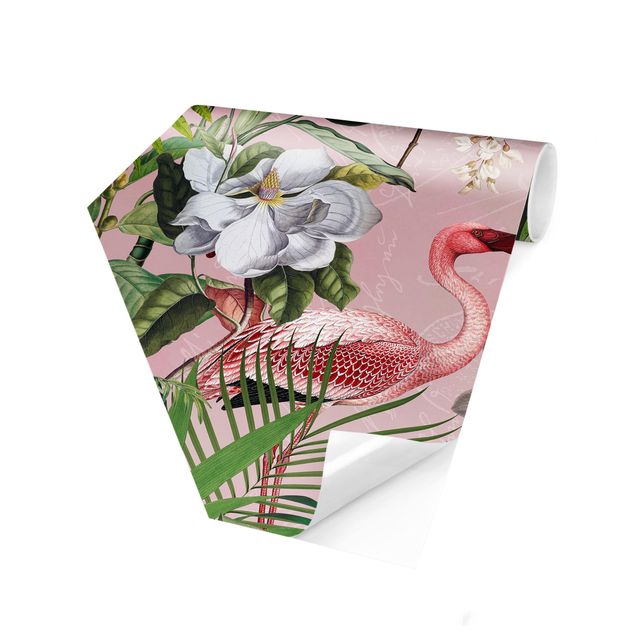 papier peint fleuri Flamants tropicaux avec plantes en rose