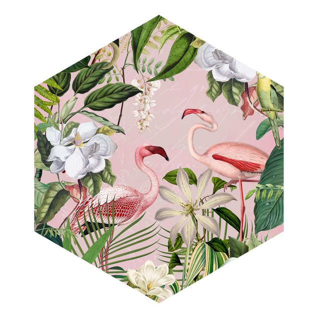 Papier peint rétro Flamants tropicaux avec plantes en rose