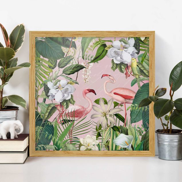Déco murale cuisine Flamants tropicaux avec plantes en rose