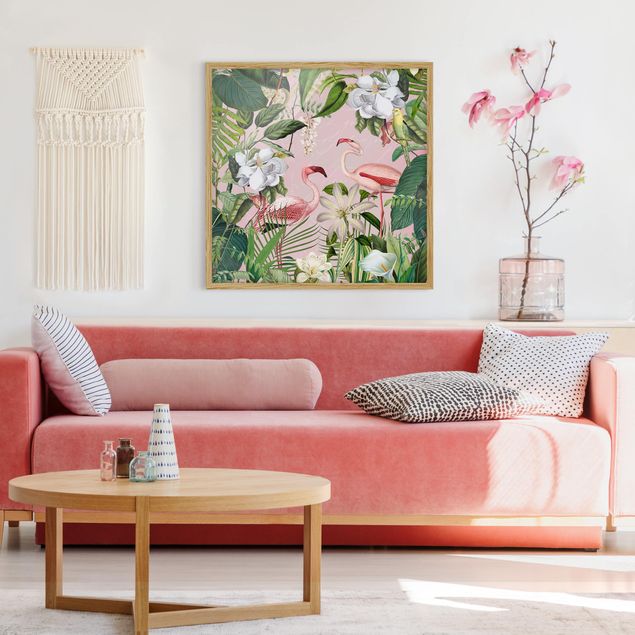 Tableaux encadrés fleurs Flamants tropicaux avec plantes en rose