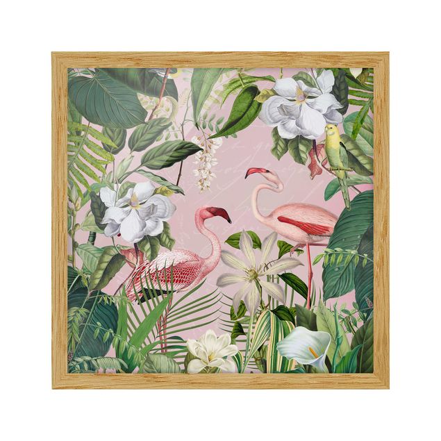 Tableau floral Flamants tropicaux avec plantes en rose