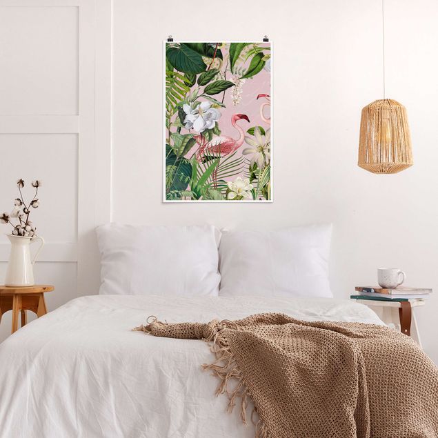Tableaux modernes Flamants tropicaux avec plantes en rose