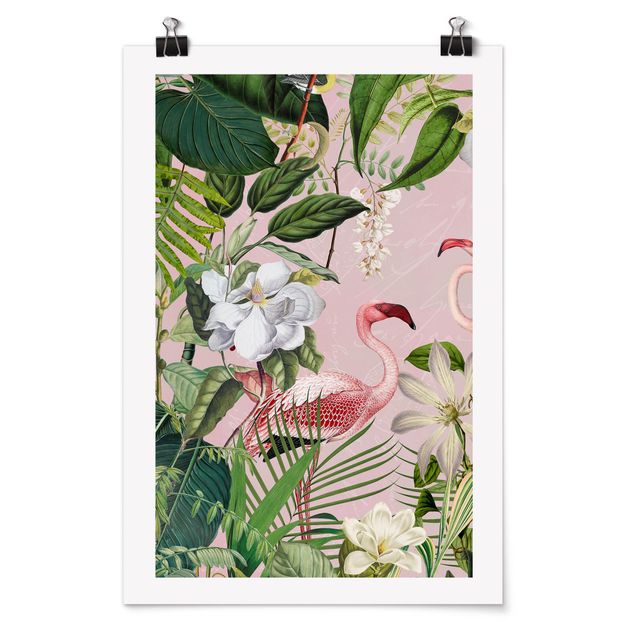 Tableaux animaux Flamants tropicaux avec plantes en rose