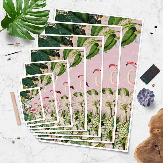 Posters Flamants tropicaux avec plantes en rose