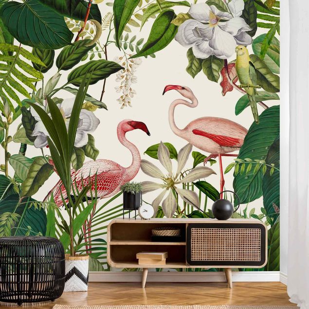 Papiers peints flamant Tropical Flamingos With Plants