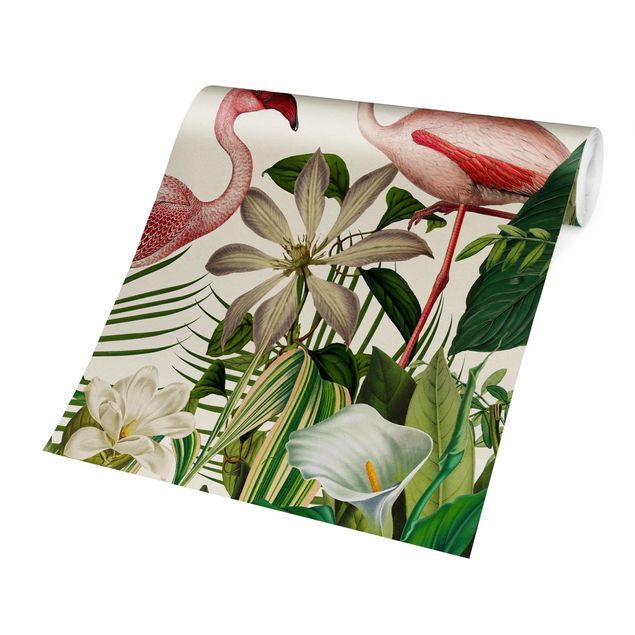papier peint fleuri Tropical Flamingos With Plants
