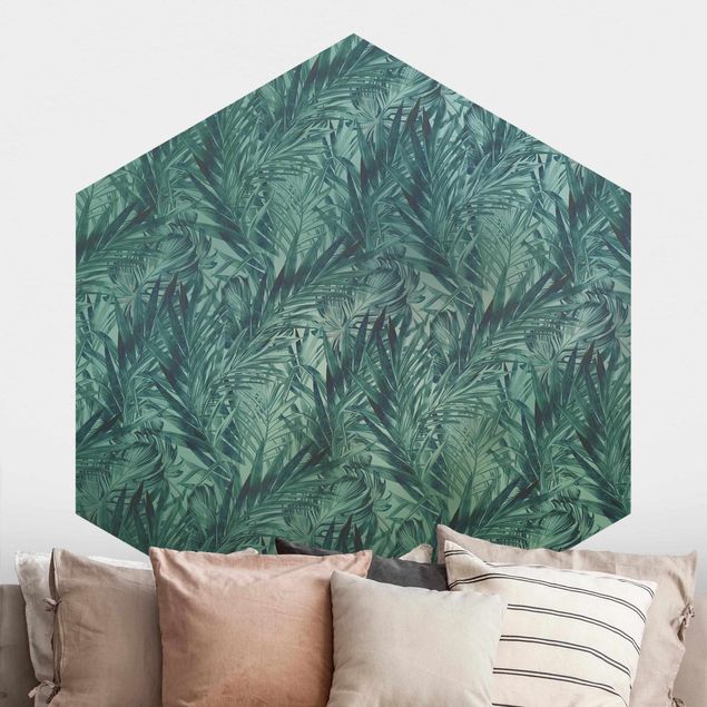 Déco mur cuisine Feuilles de palmiers tropicales avec un dégradé de turquoise