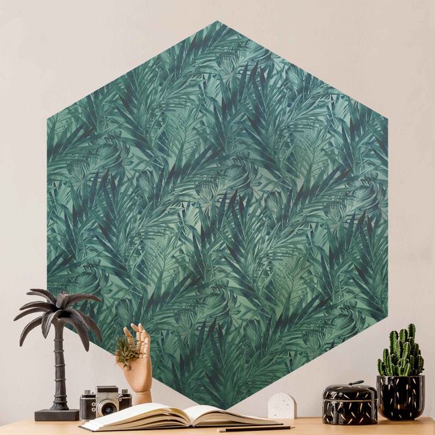 Tapisserie moderne Feuilles de palmiers tropicales avec un dégradé de turquoise