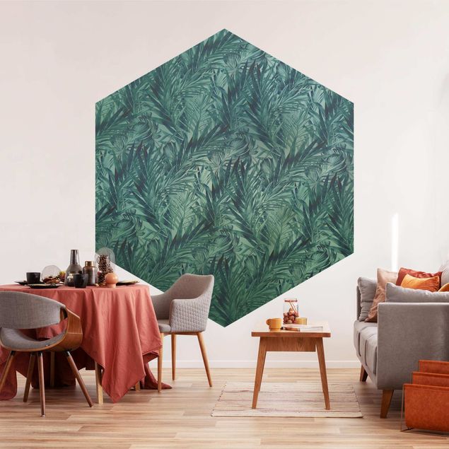 Papier peint hexagonal Feuilles de palmiers tropicales avec un dégradé de turquoise