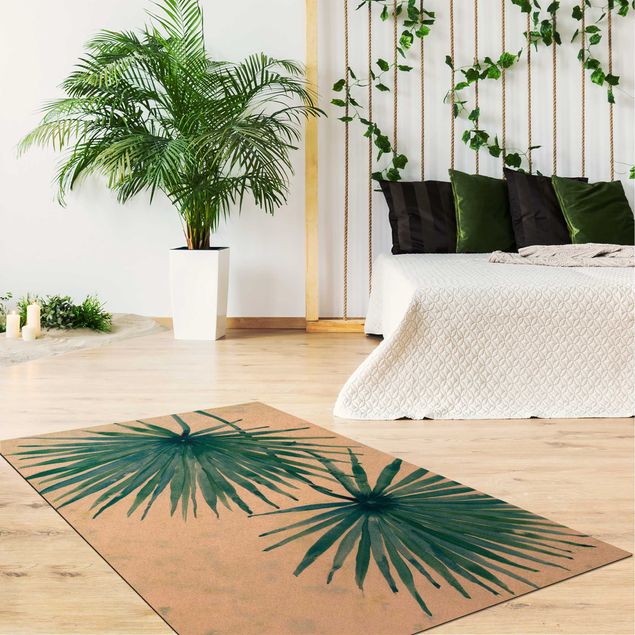 tapis salon bleu Feuilles de palmier tropicales en gros plan