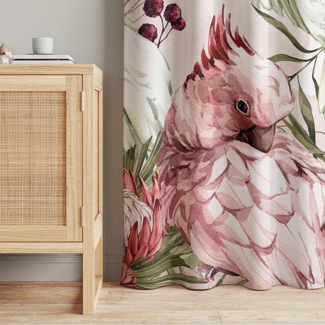 rideaux cuisine moderne Tropical Birds - Cockatoo Pink And White