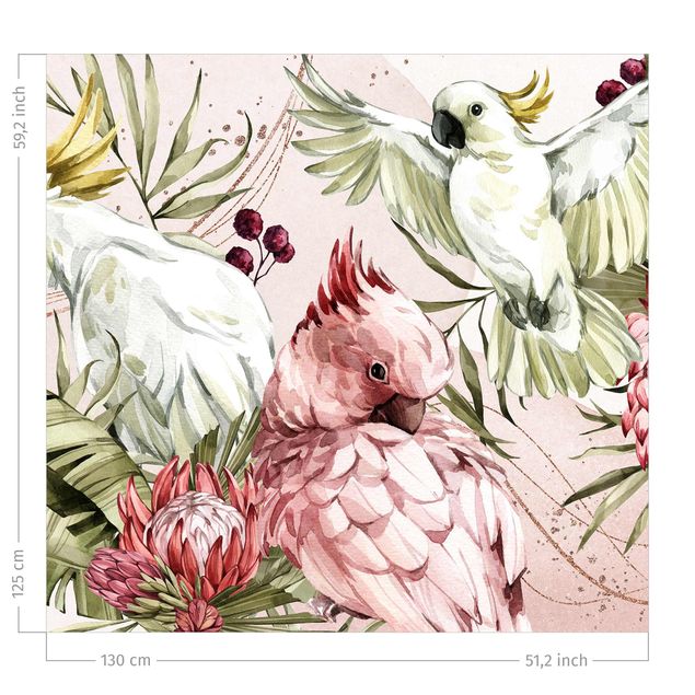 rideau à fleurs chic Tropical Birds - Cockatoo Pink And White