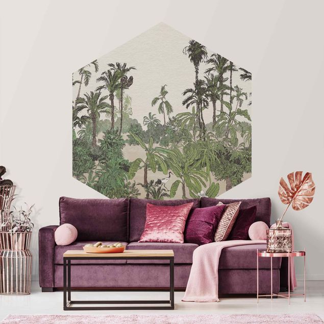 Papier peint panoramique hexagonal Dessin Tropical - Jungel à l'Aquarelle