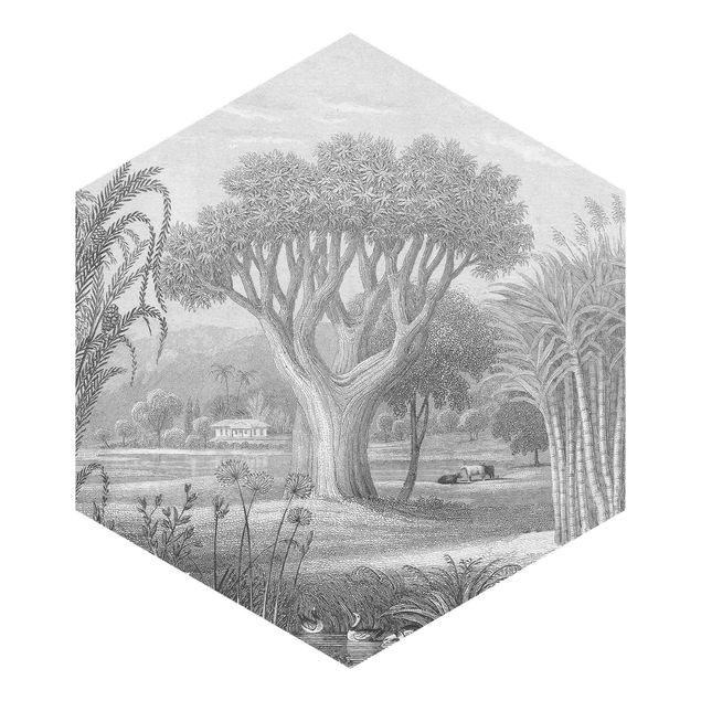 tapisserie panoramique Gravure tropicale en cuivre jardin avec étang, en gris