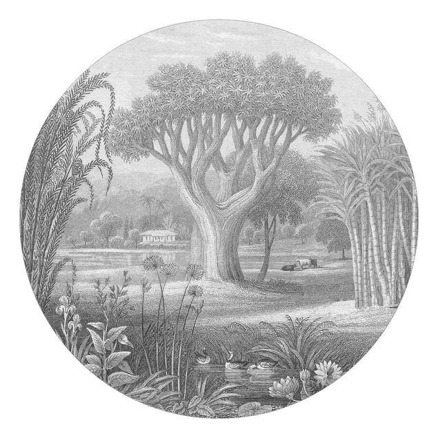 tapisserie panoramique Gravure tropicale en cuivre jardin avec étang, en gris