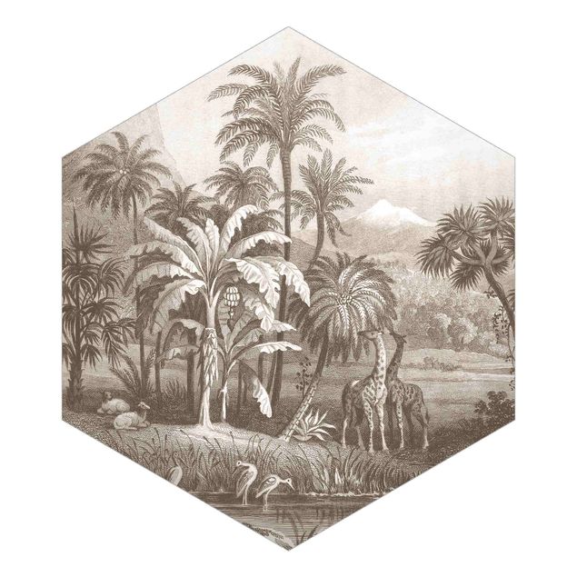 Papier peint rétro Gravure tropicale en cuivre avec girafes en marron