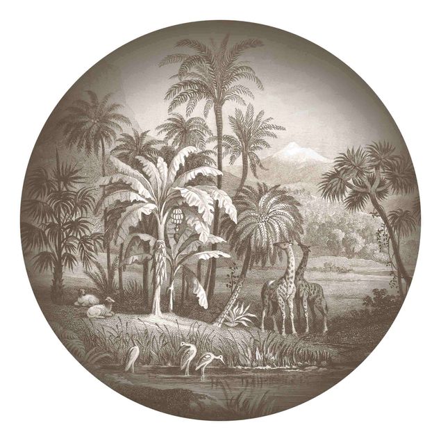 Tapisserie vintage Gravure tropicale en cuivre avec girafes en marron