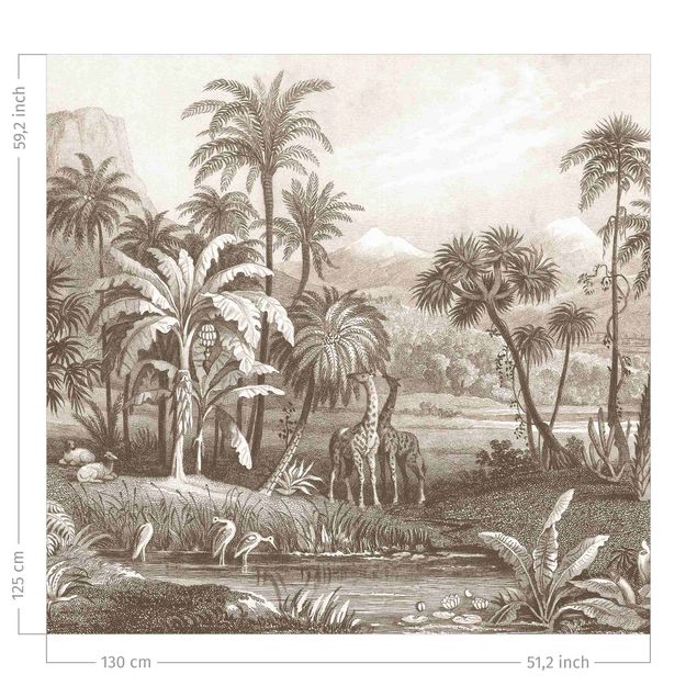 rideaux salon moderne Tropical Copperplate Engraving With Giraffes In Brown