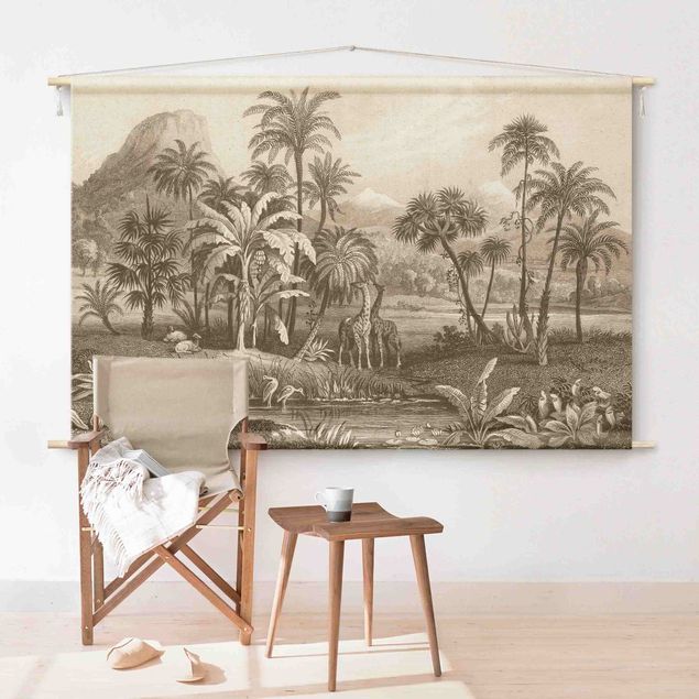 Déco murale cuisine Tropical Copperplate Engraving With Giraffes In Brown