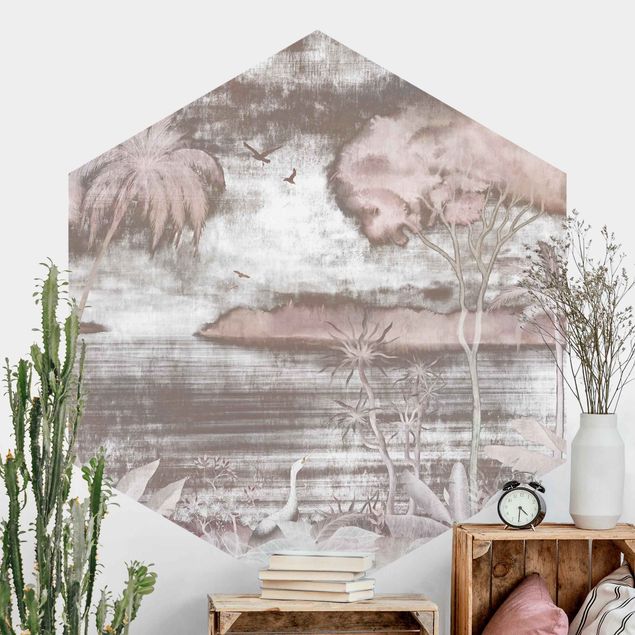 Papier peint moderne Lac tropical en rose