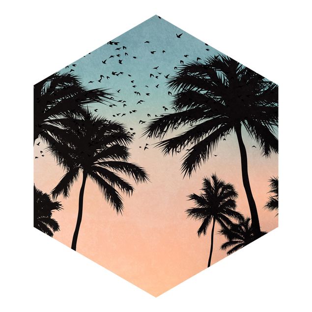 Papier peint hexagonal autocollant avec dessins - Tropical Sunrise In Blue Pink