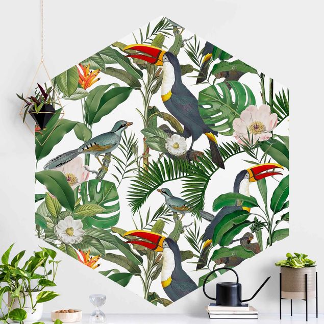 Déco murale cuisine Toucan Tropical avec Monstera et Feuilles de Palmier