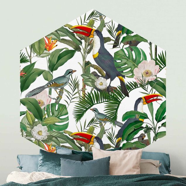 Papiers peints oiseaux Toucan Tropical avec Monstera et Feuilles de Palmier