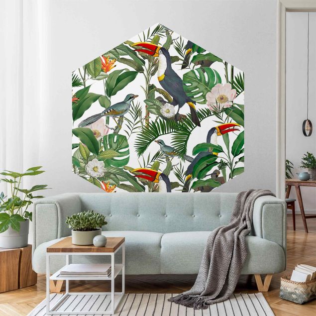 Papiers peints modernes Toucan Tropical avec Monstera et Feuilles de Palmier