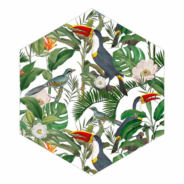 Papiers peints verts Toucan Tropical avec Monstera et Feuilles de Palmier