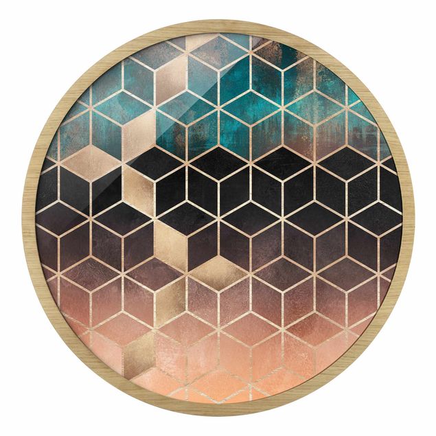 Tableaux encadrés reproductions Géométrie Turquoise Rosé Doré
