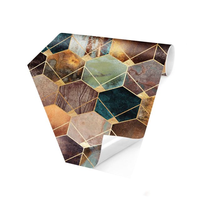 Papiers peintspanoramique hexagonal Turquoise Géométrie Doré Art Déco