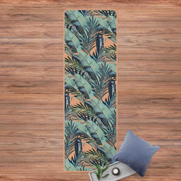 tapis modernes Motif Jungle de Feuilles Turquoise
