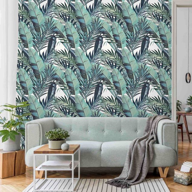 Papiers peints modernes Motif Jungle de Feuilles Turquoise