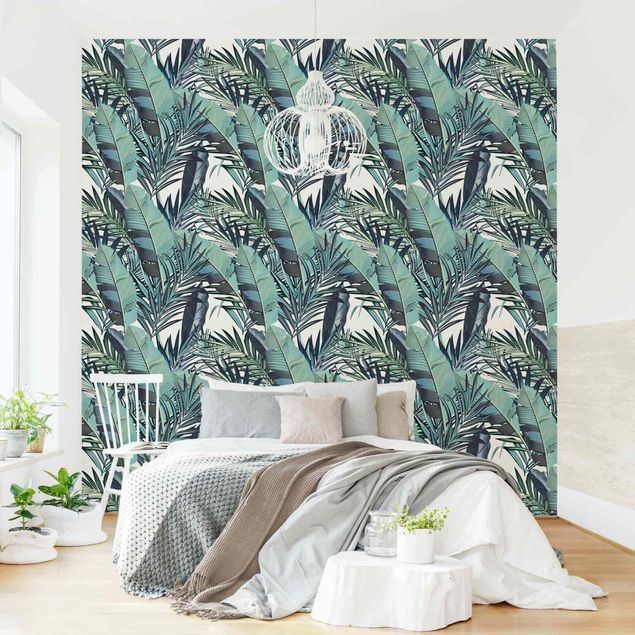 Papier peint floral Motif Jungle de Feuilles Turquoise