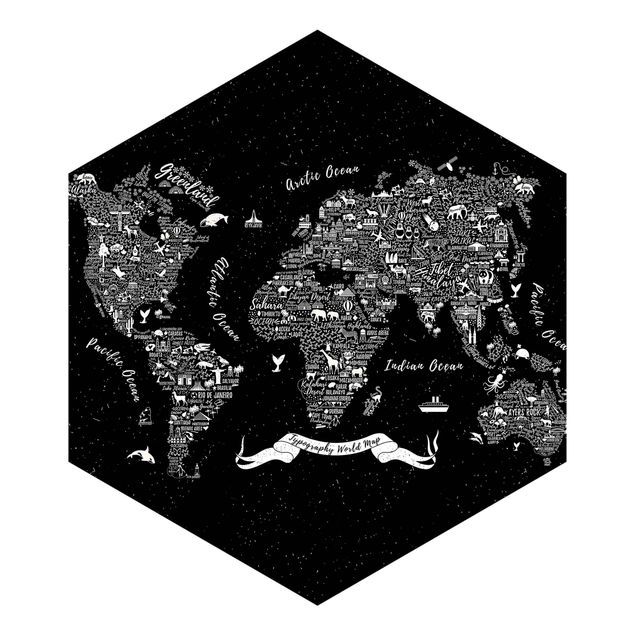 tapisserie panoramique Typographie Carte du Monde Noir
