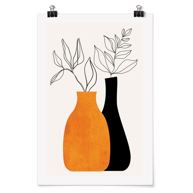 Tableau orange Vases avec des branches illustrées