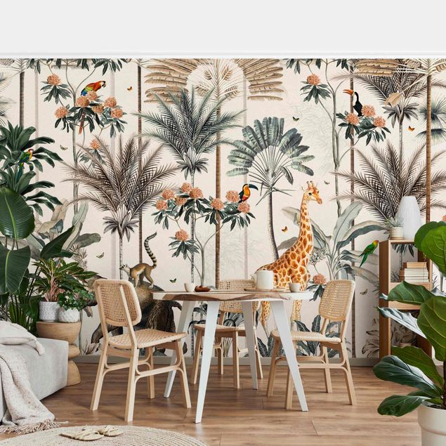 Papier peint éléphants Jungle vintage en fleurs
