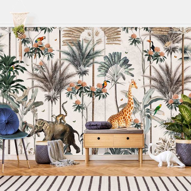 Papier peint girafe Jungle vintage en fleurs